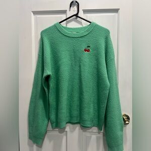 A NEW DAY Green Ribbed Cozy Knit Embroidered Red Cherry Sweater LARGE Pre Loved